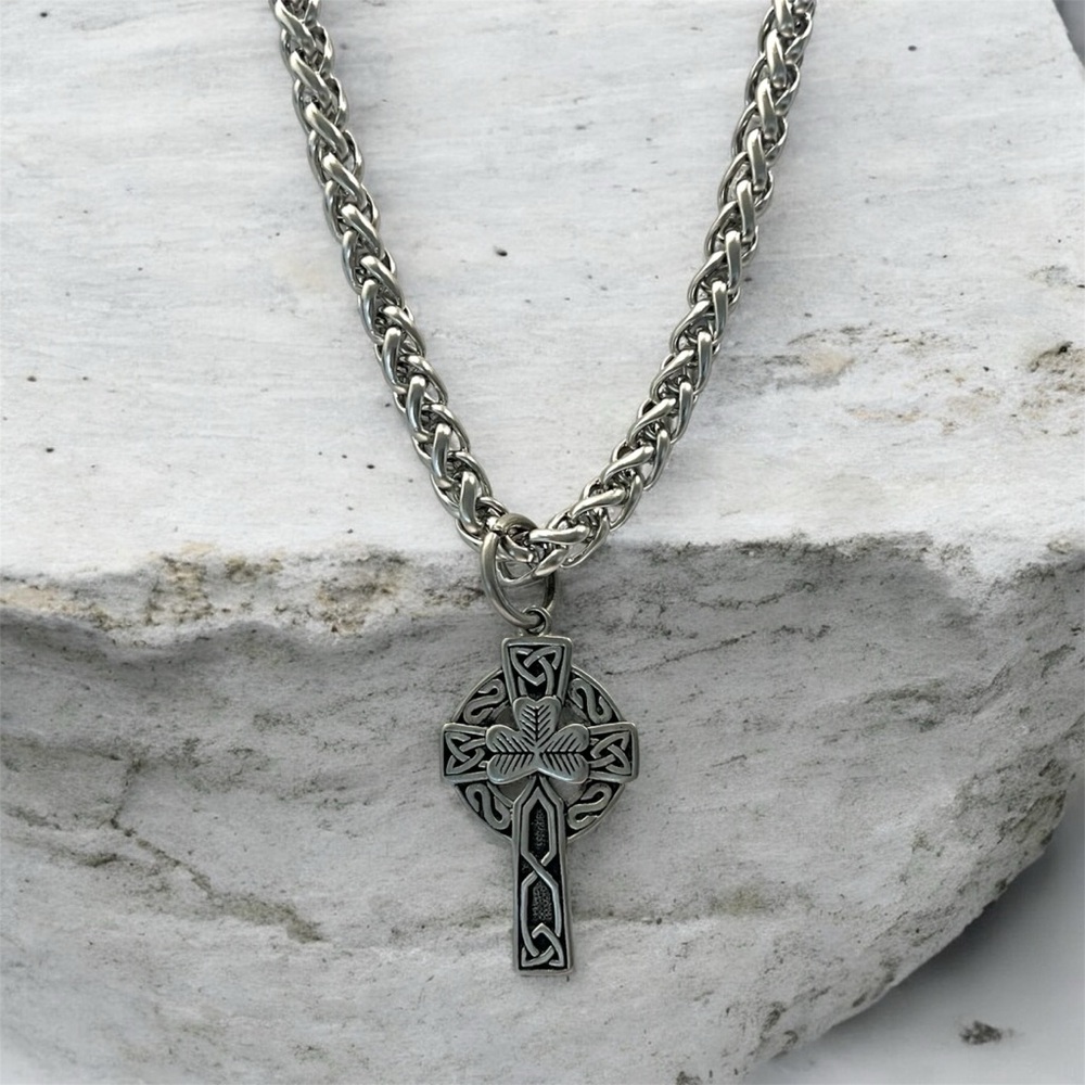 Men's Large 316L Surgical Stainless Steel Celtic Shamrock Cross Necklace